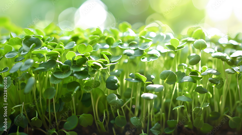Green fresh leaves of cress salad with drops of water, watercress microgreens close up with soft focus. Homegrown herbs. Healthy nutritious super food concept Green fresh leaves of cress salad with drops of water, watercress microgreens close up with soft focus. Homegrown herbs. Healthy nutritious super food concept