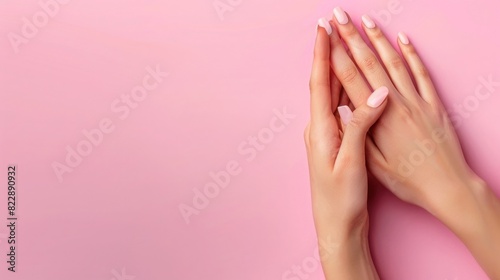 View from above of a beautiful woman's hand with a perfect manicure on a pink background, copy space concept for a nail salon advertising banner or poster. Aesthetic minimalism, high resolution