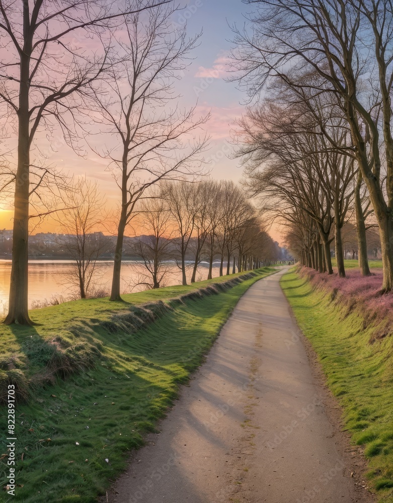 Scenic Riverside Pathway Adorned with Winter Trees