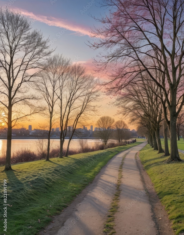Scenic Riverside Pathway Adorned with Winter Trees Scenic Riverside Pathway Adorned with Winter Trees