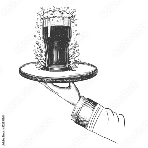 Waiter holding service tray with beer. Glass of beer with splash and drops on serving salver. Hand drawn Engraving imitation vector illustration for happy hour, pub, brewery, menu cover, Oktoberfest.