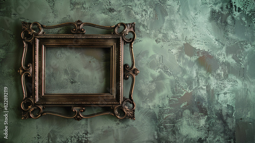 Subtle luxury emanates from a small ornate bronze picture blank frame on muted green vintage wallpaper. photo