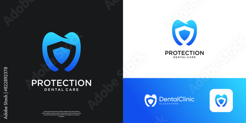 Abstract dental clinic and shield protection logo design.