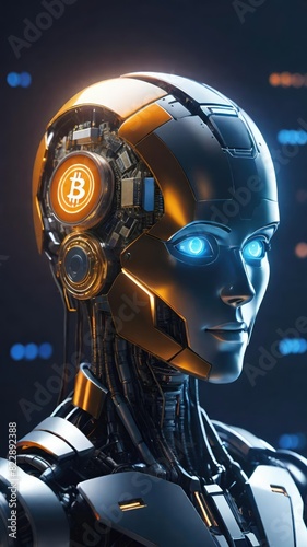 Artificial intelligence bitcoin robot, crypto currency, cyber security, financial futuristic digital tecnology concept image.