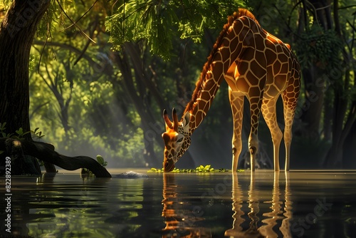 a giraffe is drinking in the river photo