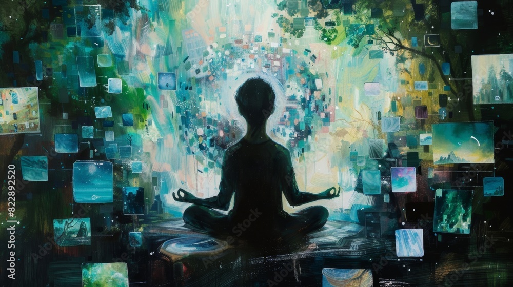A painting of a person meditating surrounded by various technology devices softly playing soothing sounds and nature videos. A painting of a person meditating surrounded by various technology devices softly playing soothing sounds and nature videos.