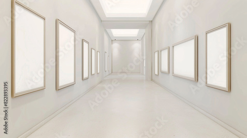 Minimalist series of elongated narrow empty frames on a creamy white wall.