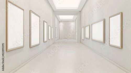 Minimalist series of elongated narrow empty frames on a creamy white wall.