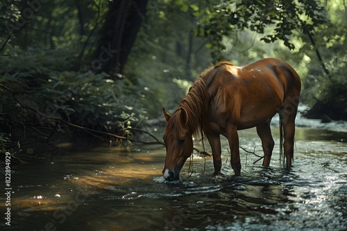a horse is drinking in the river
