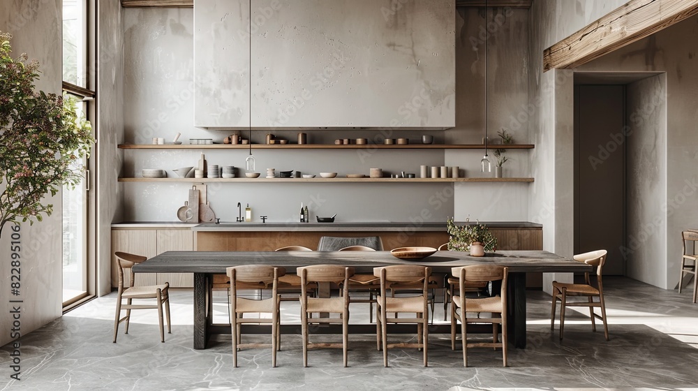 Minimalist Modern Kitchen with Long Dining Table and Wooden Chairs in Sunlit Open-Plan Space