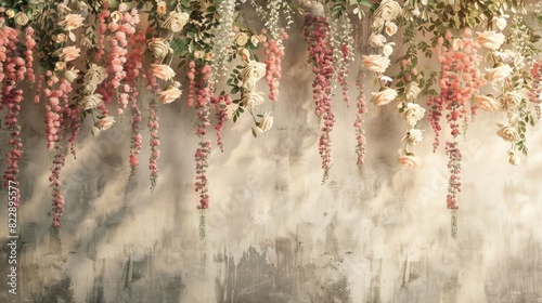 wall with flowers hanging from the ceiling, floor to wall backdrop, muted pastel colors, distressed and weathered look, vintage style, hanging wisteria, roses, peonies, calla lilies, stock photo,