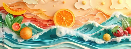 Vibrant Tropical Fruit Waves: Creative Juicy Citrus and Berries in Sea of Paper Art photo