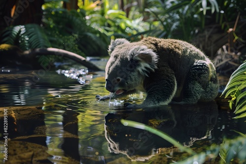 a koala is drinking in the river