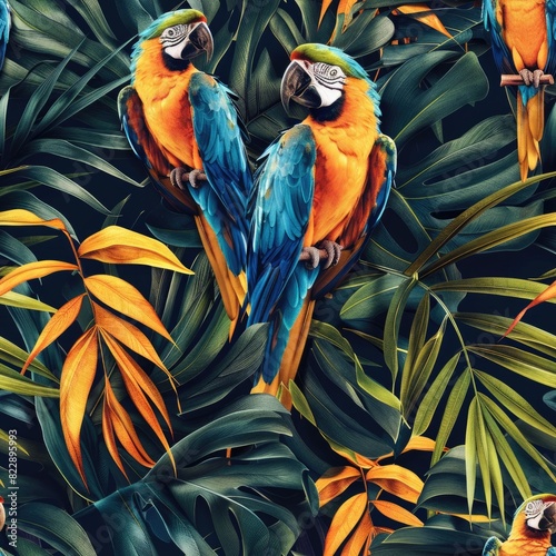 Vibrant Macaws Perched Among Tropical Foliage with Colorful Leaves photo