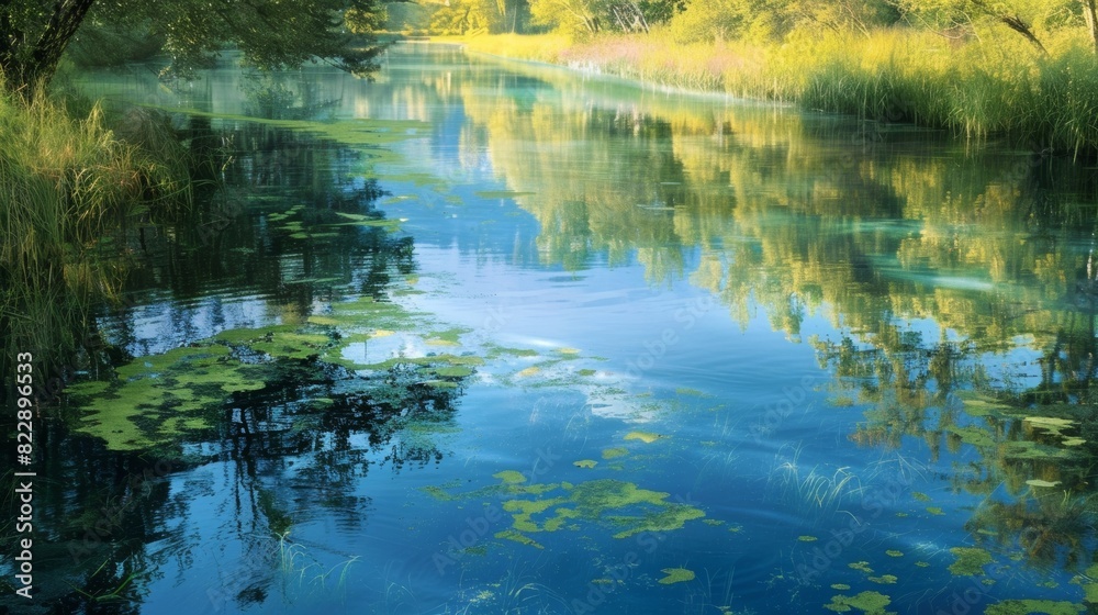 A serene river captured in shades of blue and green with delicate reflections of the surrounding landscape.