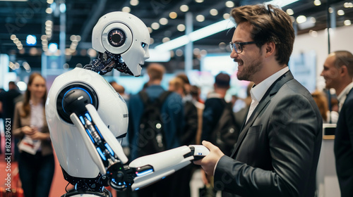 A man shakes hands with a high-tech AI cyborg robot, symbolizing mutual friendship and cooperation between humans and artificial intelligence.