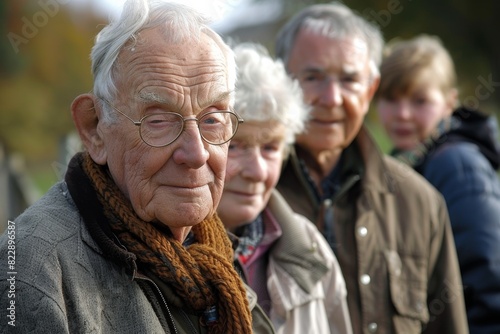 Portrait of an elderly couple with their children in the park.
