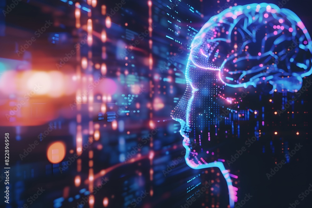 Abstract human head profile with glowing digital brain Abstract human head profile with glowing digital brain
