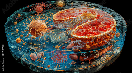 A 3D rendered of cytoplasm within a cell, showing the distribution of various organelles and inclusions  photo