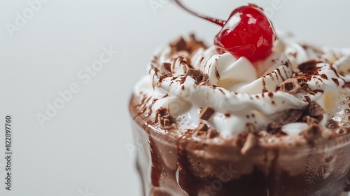 A close-up shot of a chocolate milkshake with a single maraschino cherry perched on the whipped cream, set against a crisp white backdrop photo