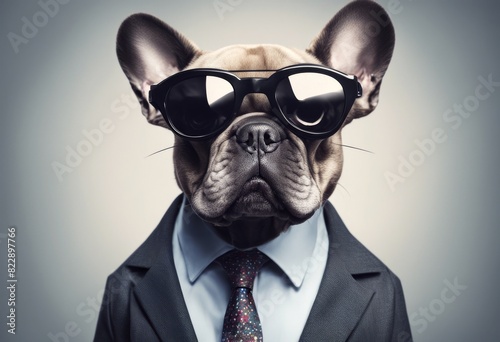 posing funky banner text side animal french with dog jacket supermodel right looking bulldog stylish wearing cool tie space glasses wide fashion dress © wafi