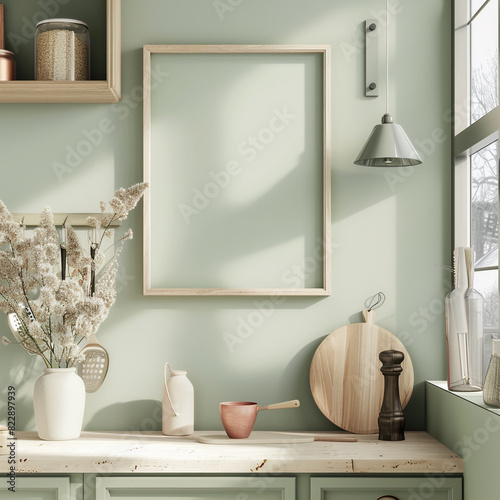 Delicate style in a soft green kitchen with small panoramic wooden blank frame mockups.