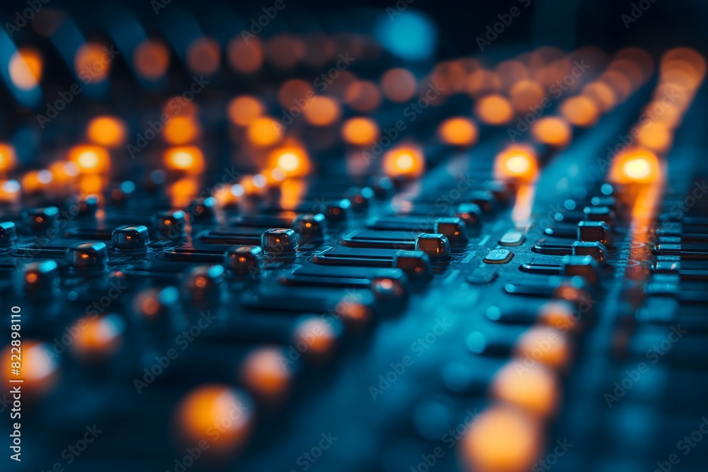 Fototapeta premium Close-up photos of an illuminated audio mixing soundboard with blue and orange LED lights, showcasing detailed knobs and sliders