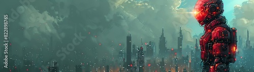 Futuristic cityscape with a robotic figure, glowing lights, and cyberpunk atmosphere. A dystopian skyline with advanced technology and neon details. photo