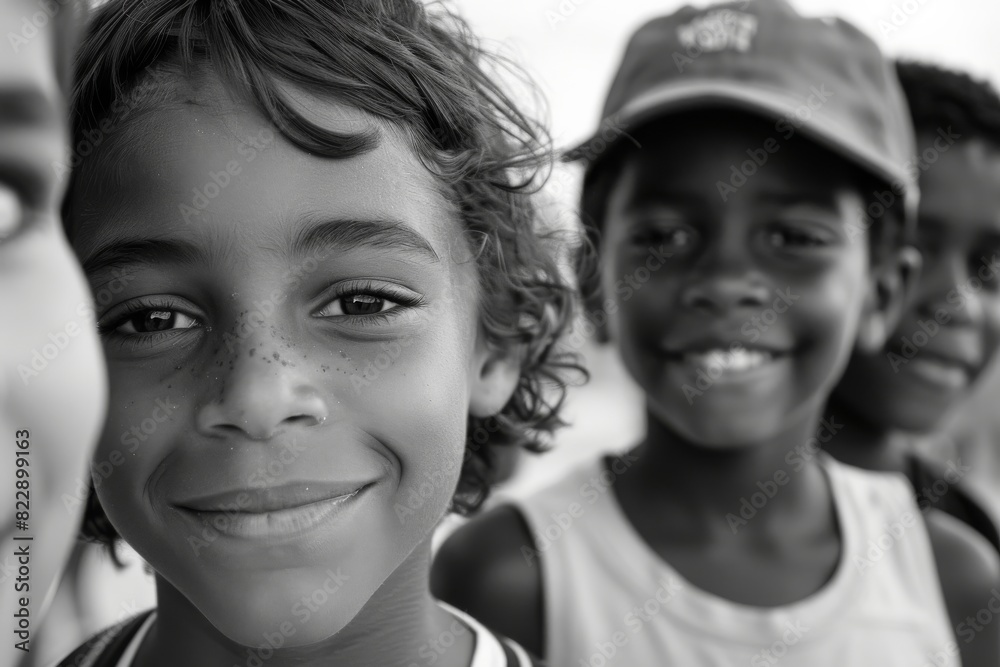 Portrait of smiling children in a park. Black and white. Portrait of smiling children in a park. Black and white.