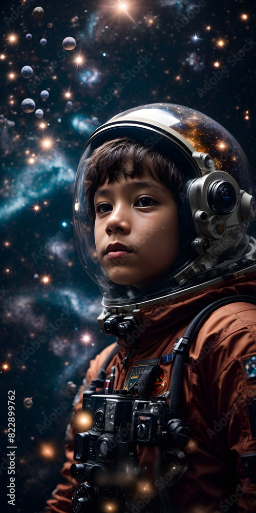 Young kid astronaut in the space wearing Extravehicular Mobility Unit, or EMU, looking in to the space, world world astronaut day, world space day Young kid astronaut in the space wearing Extravehicular Mobility Unit, or EMU, looking in to the space, world world astronaut day, world space day