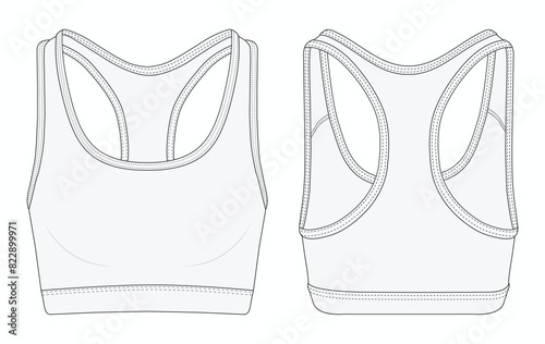 Womens Sport wrap Bra fashion flat sketch template. Sports wear fashion design set  illustration . Front and back views 