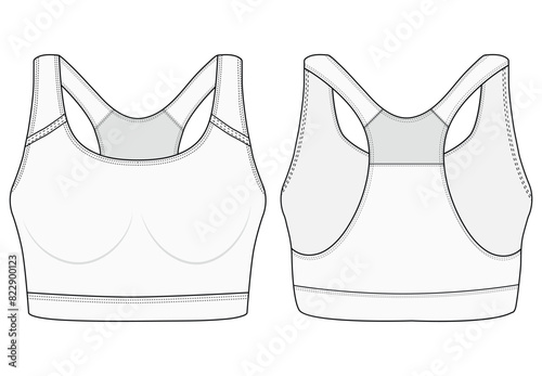 Womens Sport wrap Bra fashion flat sketch template. Sports wear fashion design set  illustration . Front and back views 