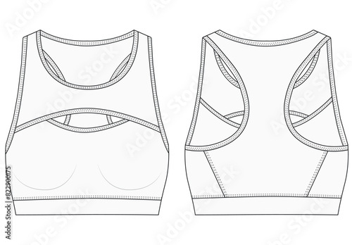 Womens Sport wrap Bra fashion flat sketch template. Sports wear fashion design set  illustration . Front and back views 