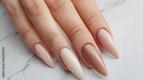 Female hand with elegant colors manicure on neutral background. 
