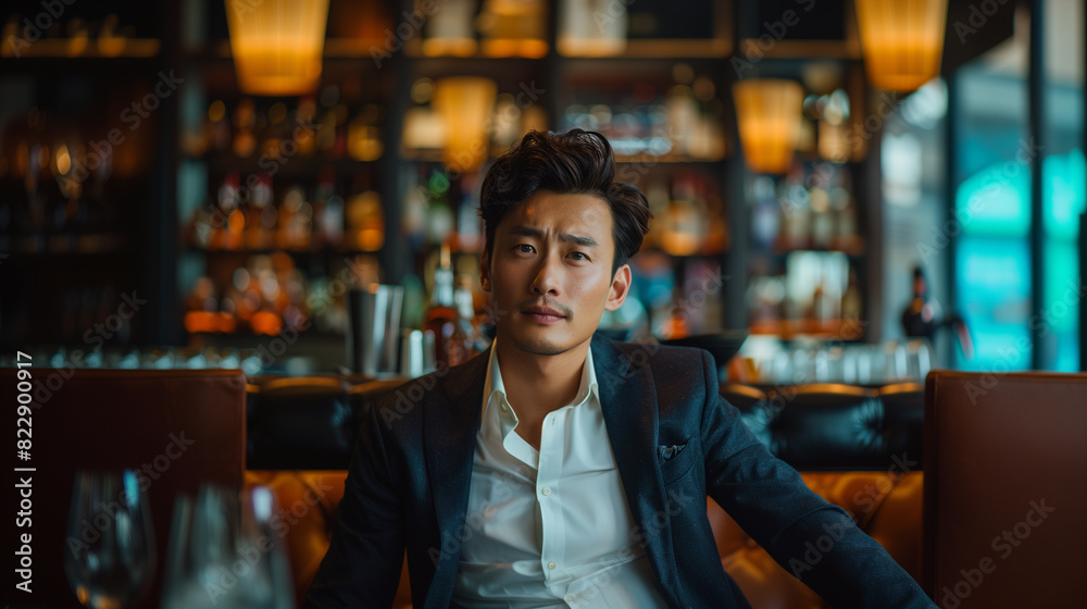 Obraz premium A sophisticated man sits confidently in a cozy bar, exuding elegance and charm amidst the warm ambient light and stylish decor.