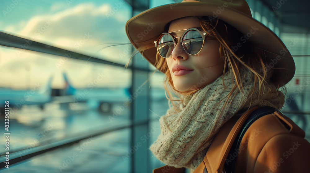 A confident young woman in a trendy hat and sunglasses navigates a bustling airport terminal in this stylish portrait.