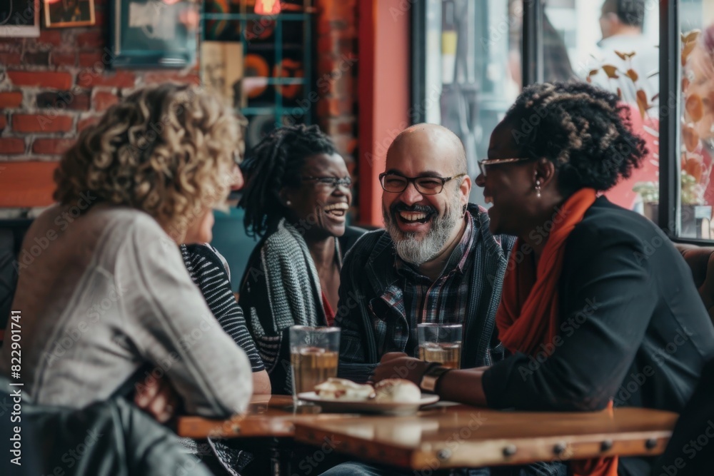 Group of diverse friends sitting in a cafe, talking and laughing. Group of diverse friends sitting in a cafe, talking and laughing.