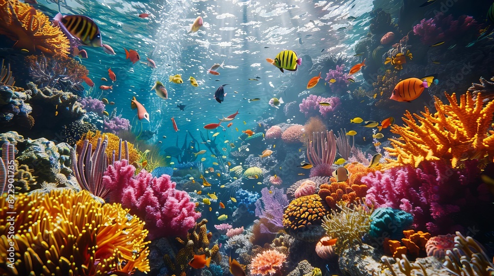 A vibrant coral reef teeming with ancient marine life during the Mesozoic era, A vibrant coral reef teeming with ancient marine life during the Mesozoic era,