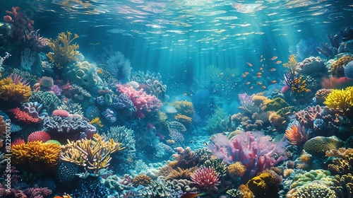 A vibrant coral reef teeming with ancient marine life during the Mesozoic era, photo