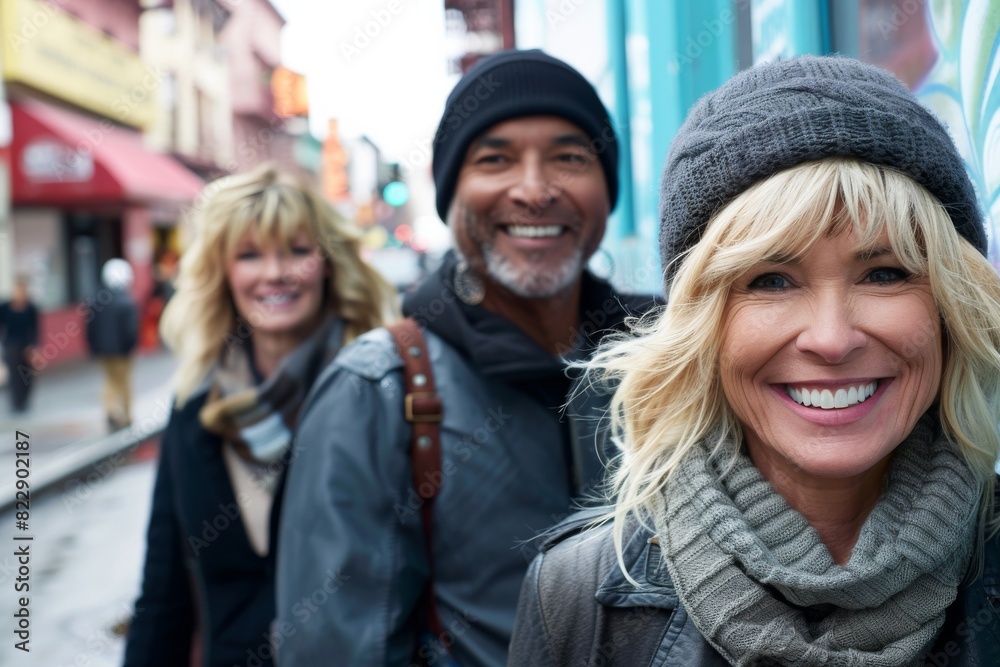 Mature couple walking in the city with a group of friends. Mature couple walking in the city with a group of friends.