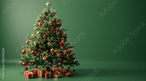 A beautifully decorated Christmas tree with lights and ornaments  isolated on a green background
