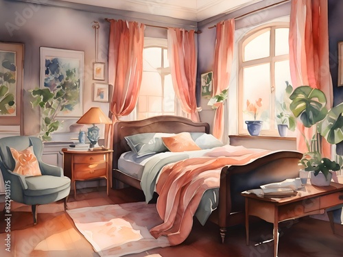 Cozy Bedroom Watercolor Illustration Art