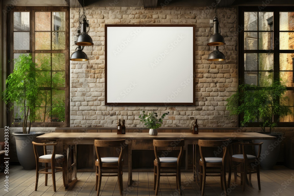 Empty frame hanging on wall in modern dining room Empty frame hanging on wall in modern dining room