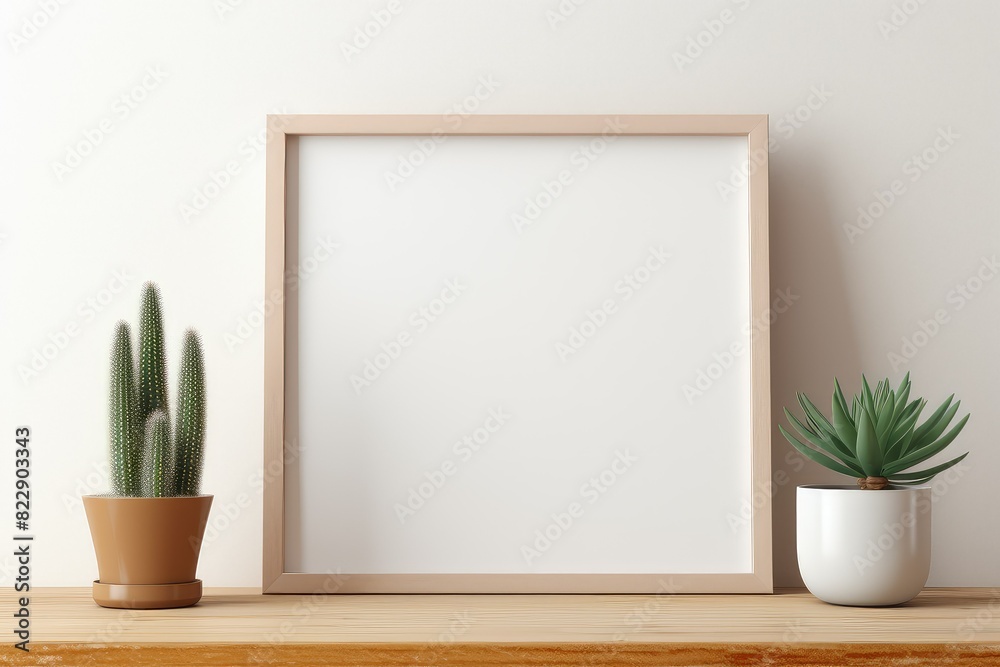 A empty picture frame mockup on wooden desk