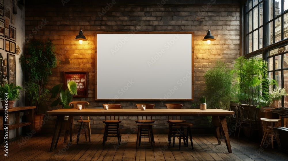 Empty frame hanging on brick wall in modern dining room Empty frame hanging on brick wall in modern dining room