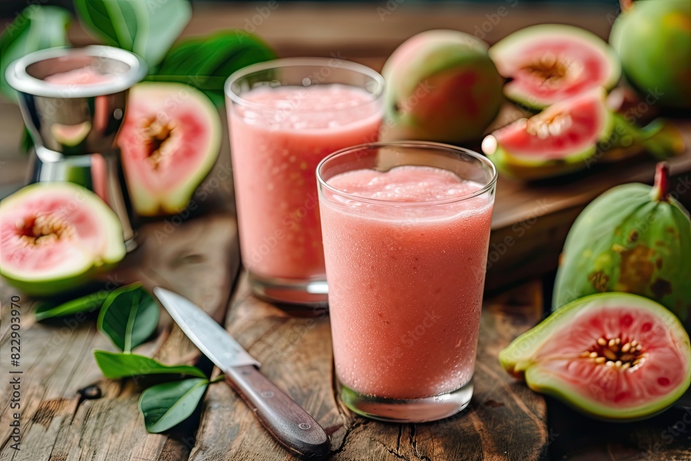 A freshly made guava shake, or smoothie, in glasses on a wooden table. Guavas, a knife, a cutting board, and an ice cream scoop are in the background. Guava shakes are common in tropical areas and are A freshly made guava shake, or smoothie, in glasses on a wooden table. Guavas, a knife, a cutting board, and an ice cream scoop are in the background. Guava shakes are common in tropical areas and are