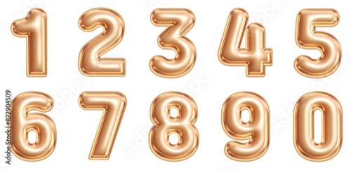 Number of voluminous balloon shapes from 0 to 9. 3d, Transparent background. Resources in png. (gold)
