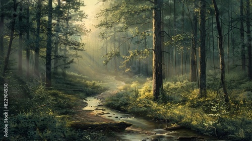 A babbling brook winding through a forest of tall trees the perfect subject for a serene nature sketch. photo