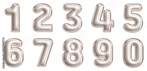 Number of voluminous balloon shapes from 0 to 9. 3d, Transparent background. Resources in png. (silver)