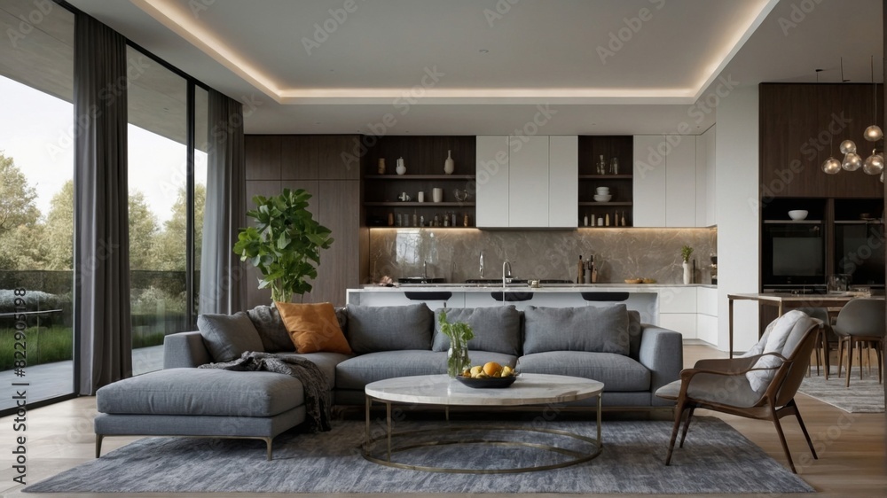 Contemporary Elegance: Open-Plan Living and Kitchen Space. Generative AI Contemporary Elegance: Open-Plan Living and Kitchen Space. Generative AI